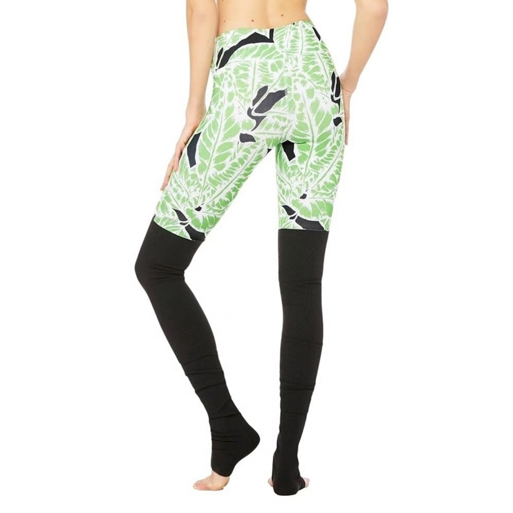 Alo Yoga‎ High-Waist Goddess Leggings Green Palm Print Black Ribbed SMALL